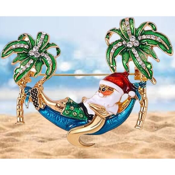 Palm tree Santa Brooch Pin New Beach Bound Coming to Coast Island Town V… - Picture 2 of 12